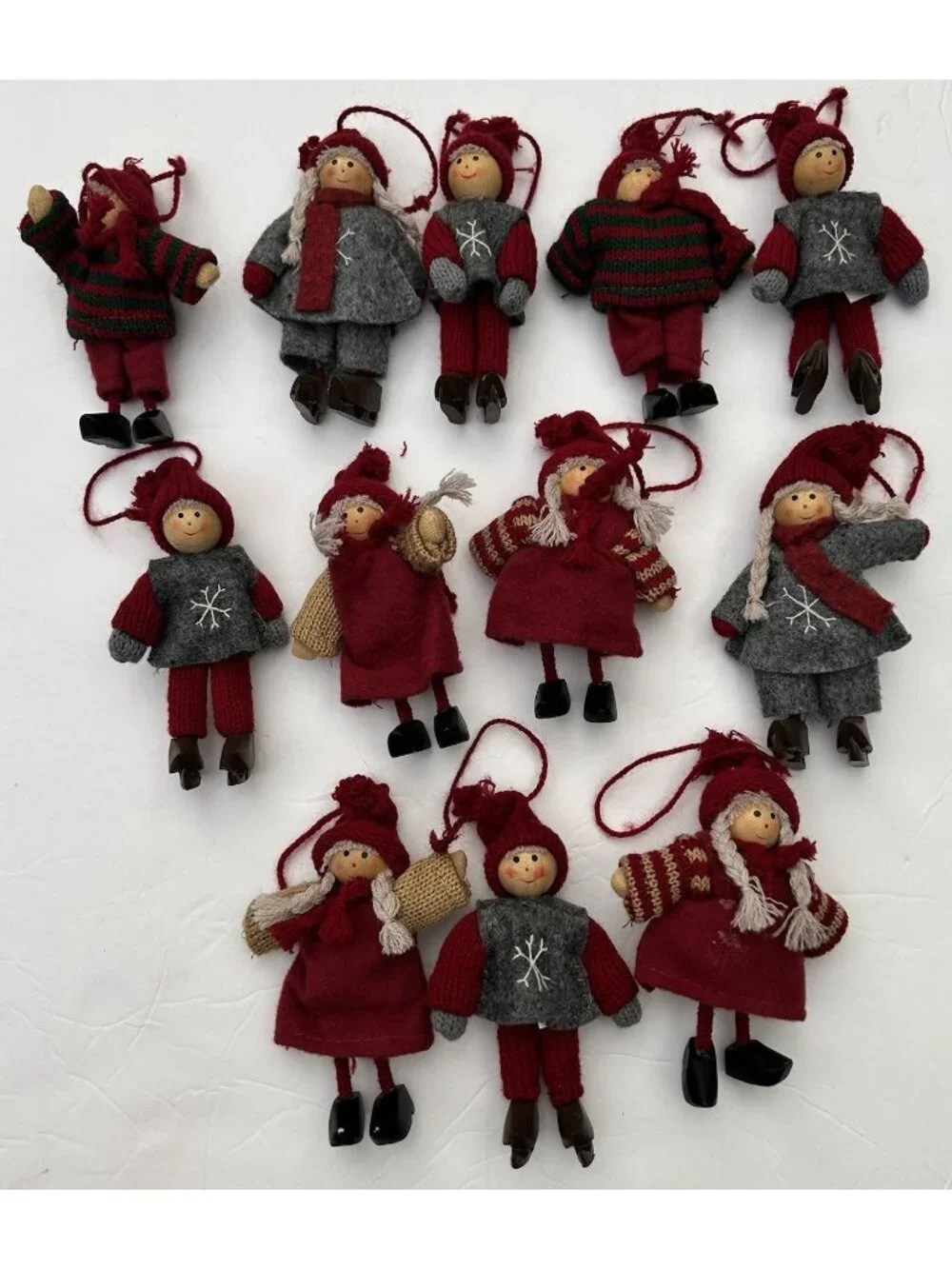 Vintage Set of 12 Tomte Nisse Boys Girls Wooden Felt Handmade Ornaments Holiday